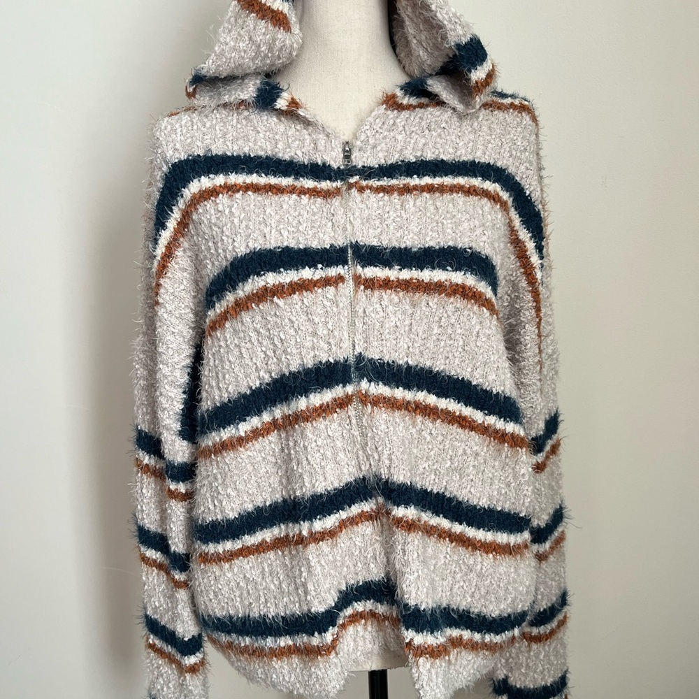 Hem & Threads Striped Zip Front Hooded Sweater, Size L